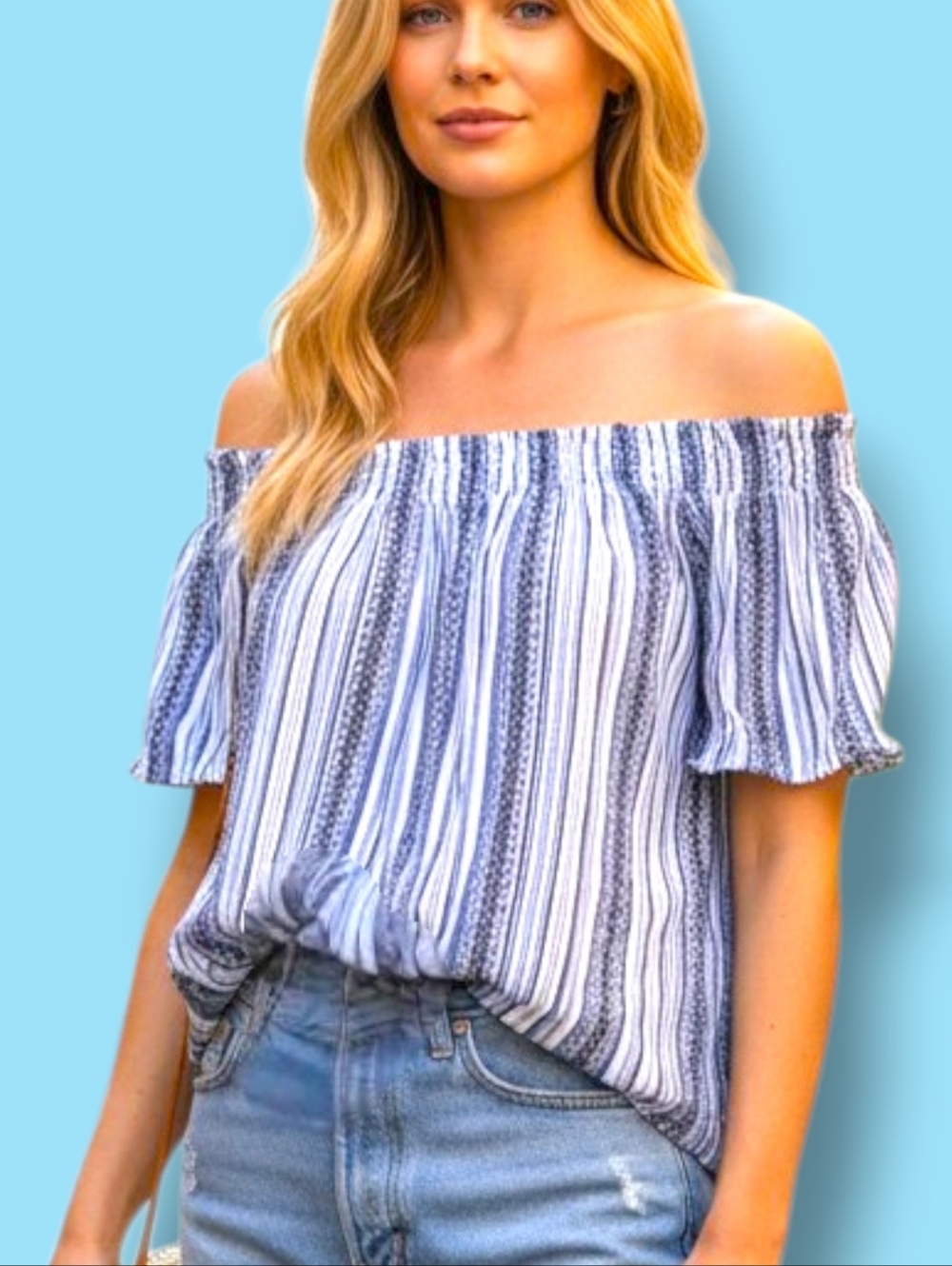 💙Socialite Off-The- Shoulder Short Sleeve Top Blue & White Top